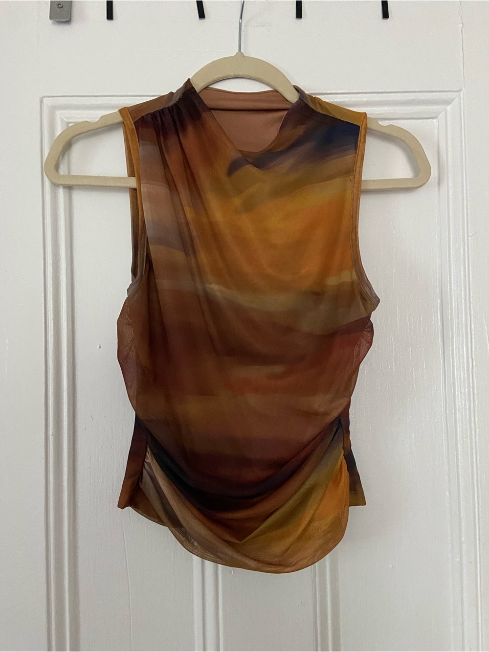 Women’s Sleeveless Draped Mesh Top in Brown Multi